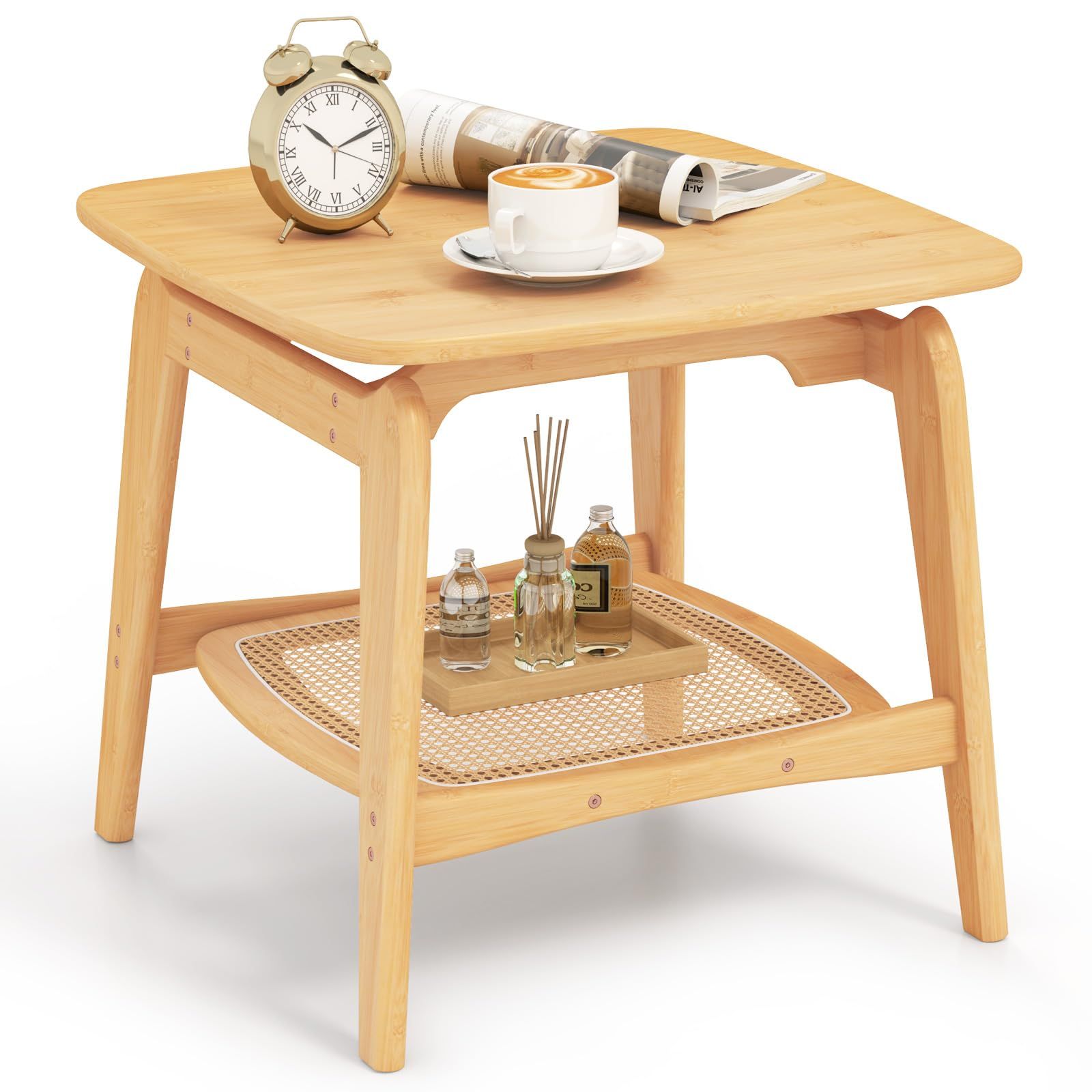 TANGKULA サイドテーブル 竹製 ラタン風 2段収納 ナイトテーブル ソファー横 リビング 寝室 玄関 北欧 おしゃれ 小物置き 小さめ 省スペース インテリア シンプル 組立簡単 頑丈