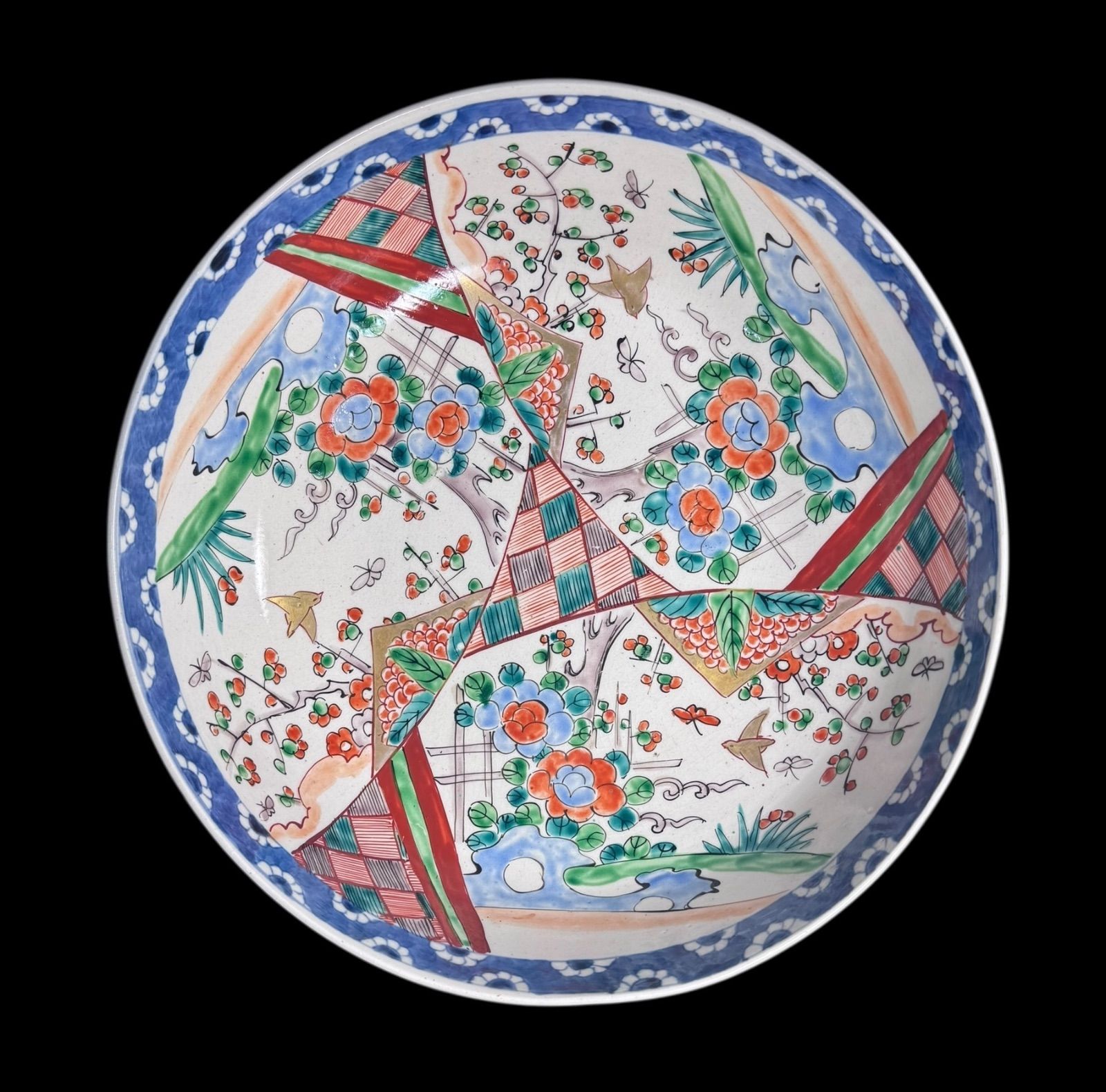 古伊万里 大鉢 梅鳥草花文図 盛り鉢 色絵 鉢 取り皿 飾り皿 陶器 伊万里 時代物 骨董品 アンティーク