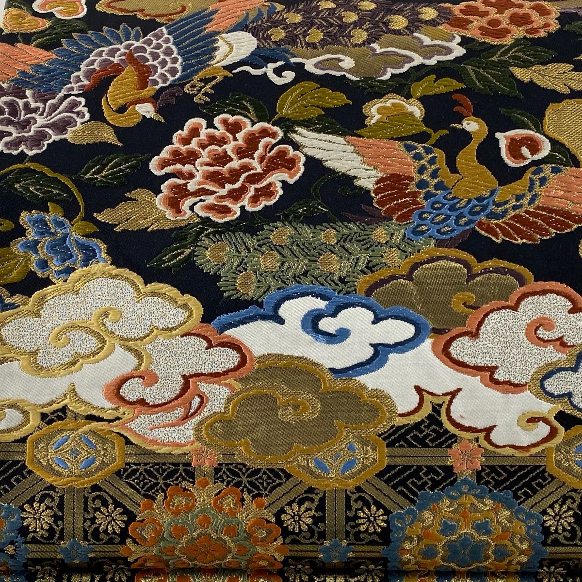 袋帯 美品 秀品 草花 鳥 箔 深緑 六通 正絹 【中古】