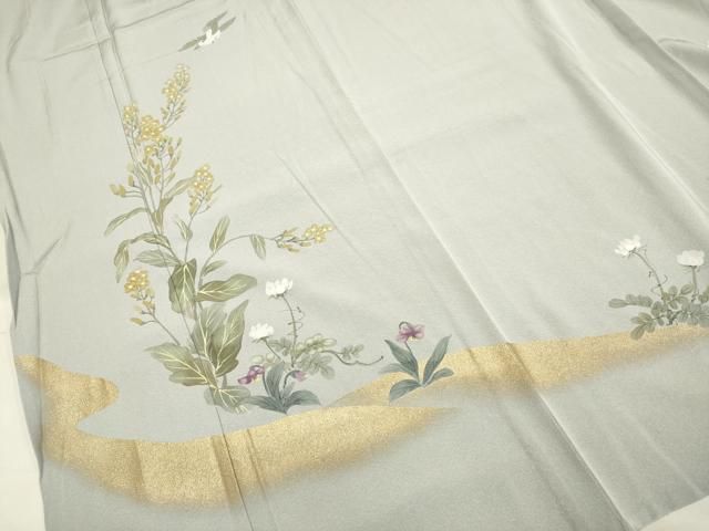 平和屋着物▽訪問着 単衣 手描き 花鳥文 金彩 正絹 逸品 未使用