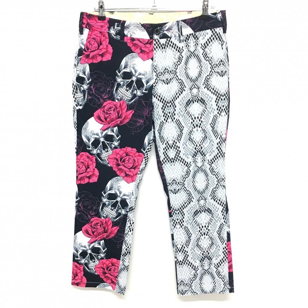 美品 LOUD MOUTH ラウドマウス　スカル総柄　パンツ 美品】ラウドマウス パンツ 黒×ピンク 総柄 スカルズ＆ロージズ メンズ
