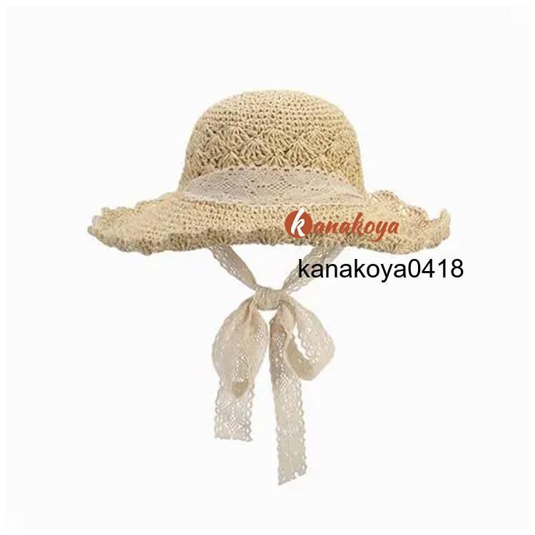 レースリボンがお洒落麦わら帽子 帽子 レディース UVカット ストローハット 折りたたみ 麦わら帽 つば広 ハット 大きいサイズ 帽子 UVハッ Kv8Y818