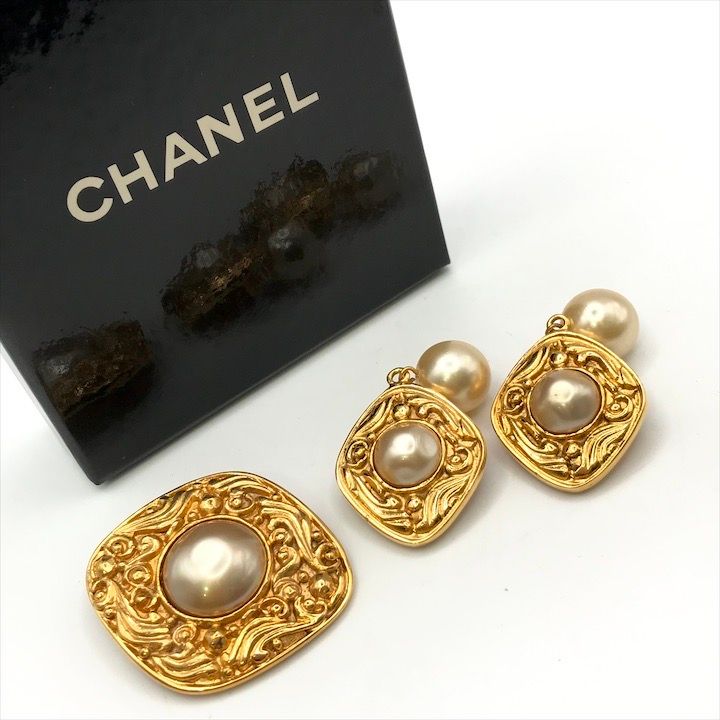 美品 CHANEL シャネル ヴィンテージ フェイクパール イヤリング ブローチ セット ゴールド a6470