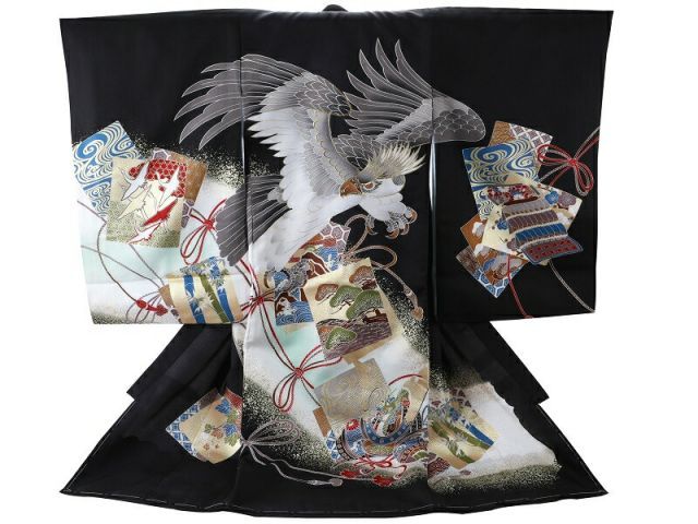 お宮参り 着物 金刺繍入り 長襦袢 セット 男児 男の子 子供 産着 祝着 黒地 鷹 ud-239