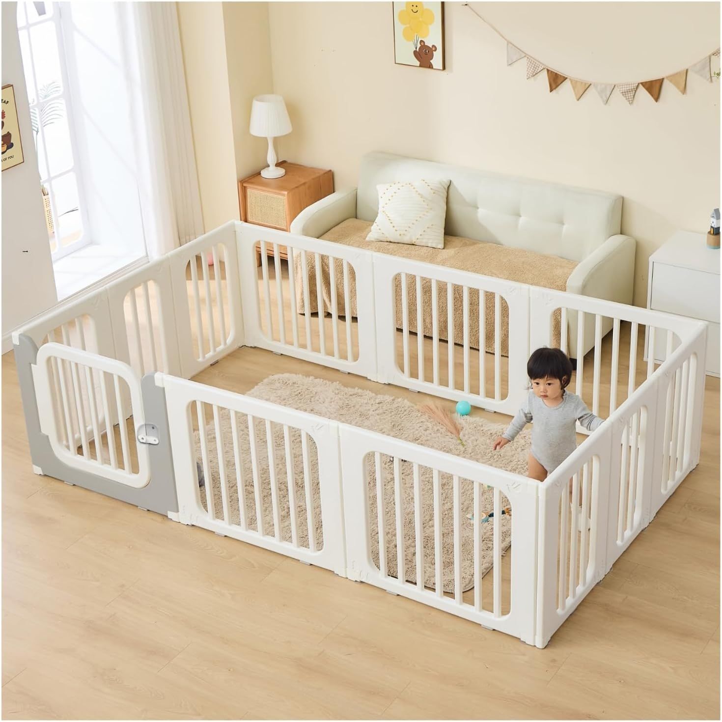 【開封済・未使用品】GU MODE ベビーサークル 置くだけ ベビーゲート (内寸180cmｘ200cmｘ68cm) ホワイト【扉グレー】