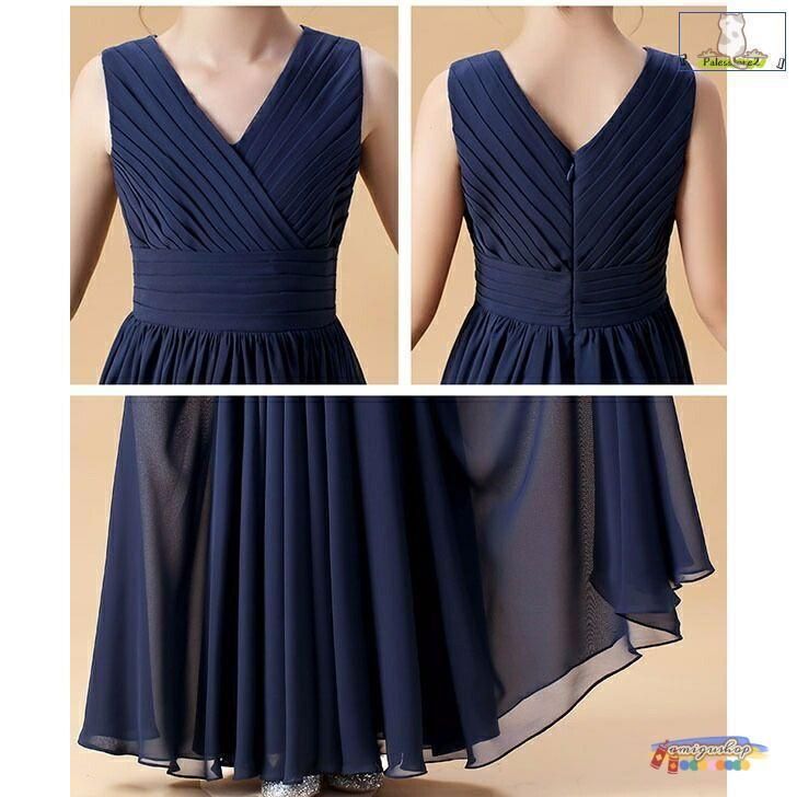 【上品で大人気♪】ピアノ発表会 ドレス 中学生 ワンピース ジュニアドレス 子供ドレス シンプル ネイビー ロング丈 グリーン シフォン お姫様 着やせ 上品 エ 毎日使い