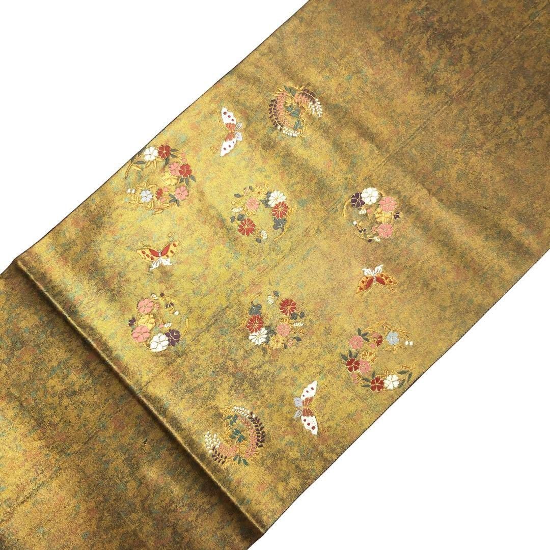 袋帯 引箔本金箔二重織 美しい金色の花模様に蝶 O-4004