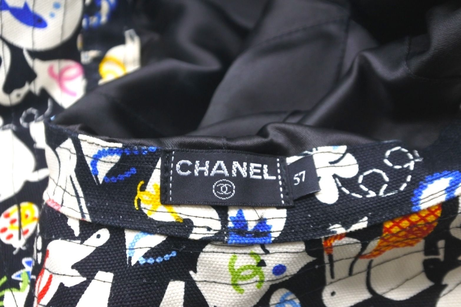 CHANEL シャネル ハット 帽子 アニマル柄 ココマーク ブラック マルチカラー コットン サイズ57 中古 58755