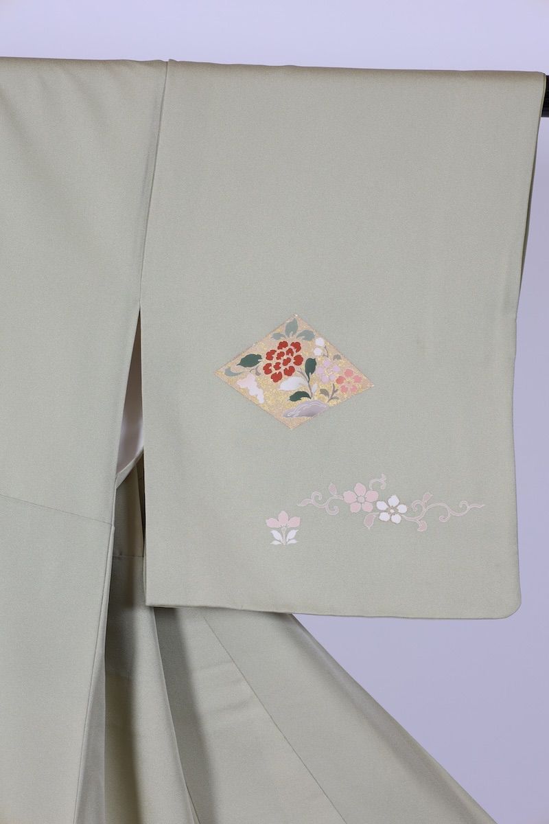 訪問着 若草色 ゴールド 緑 ブルー 桜色 花 京友禅 T513 - メルカリ 