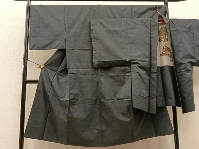平和屋着物男性　本場大島紬　アンサンブル　格子柄　羽裏：唐獅子　正絹　逸品　BAAN6237ui
