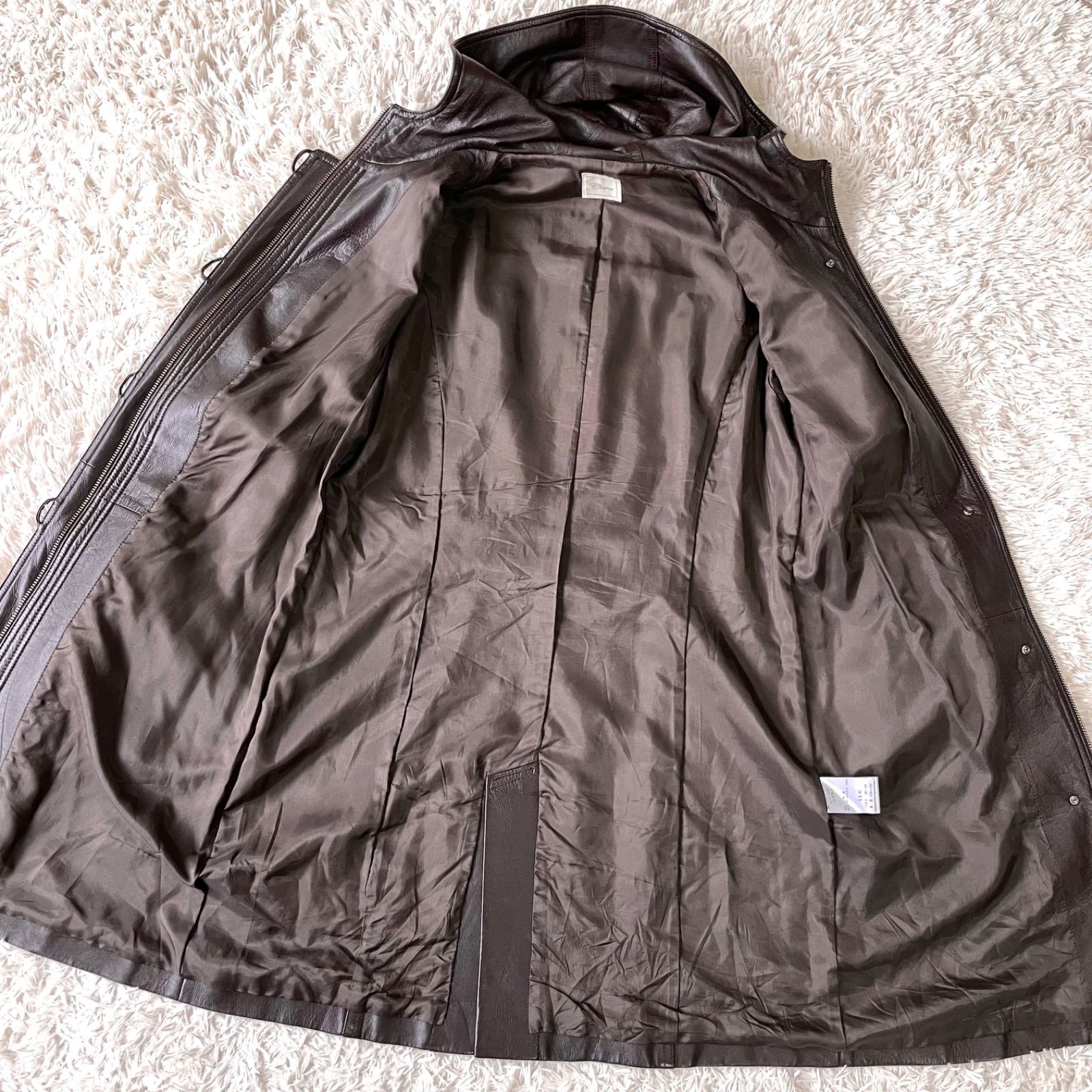 Cara カーラ ラムレザー 羊革 ロングコート フード ダブルジップ ダークブラウン 濃茶 大きめサイズ XL ディノス GULLKHAN_COM