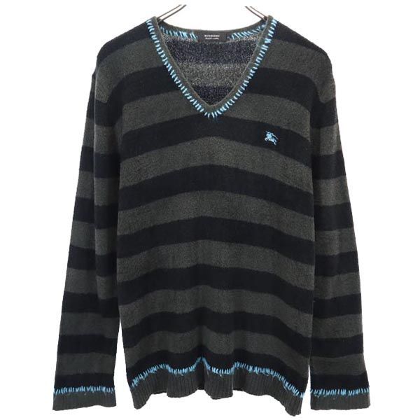 バーバリーブラックレーベル ボーダー 長袖 Vネック ニット 2 ブラック系 BURBERRY BLACK LABEL ロゴ セーター メンズ 古着 【231110】
