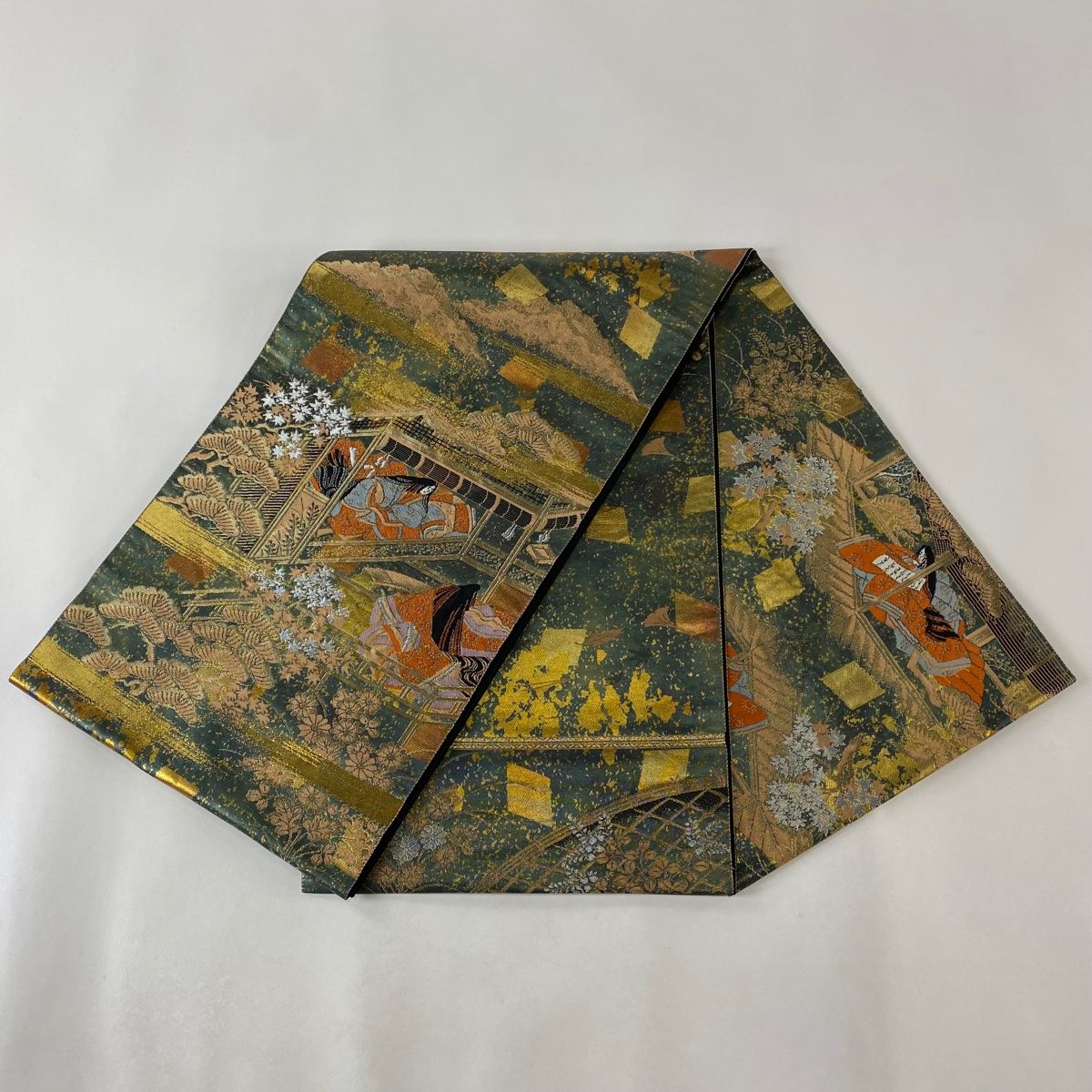 袋帯 秀品 服部織物 落款 平安絵巻文様 人物 箔 深緑 お太鼓柄