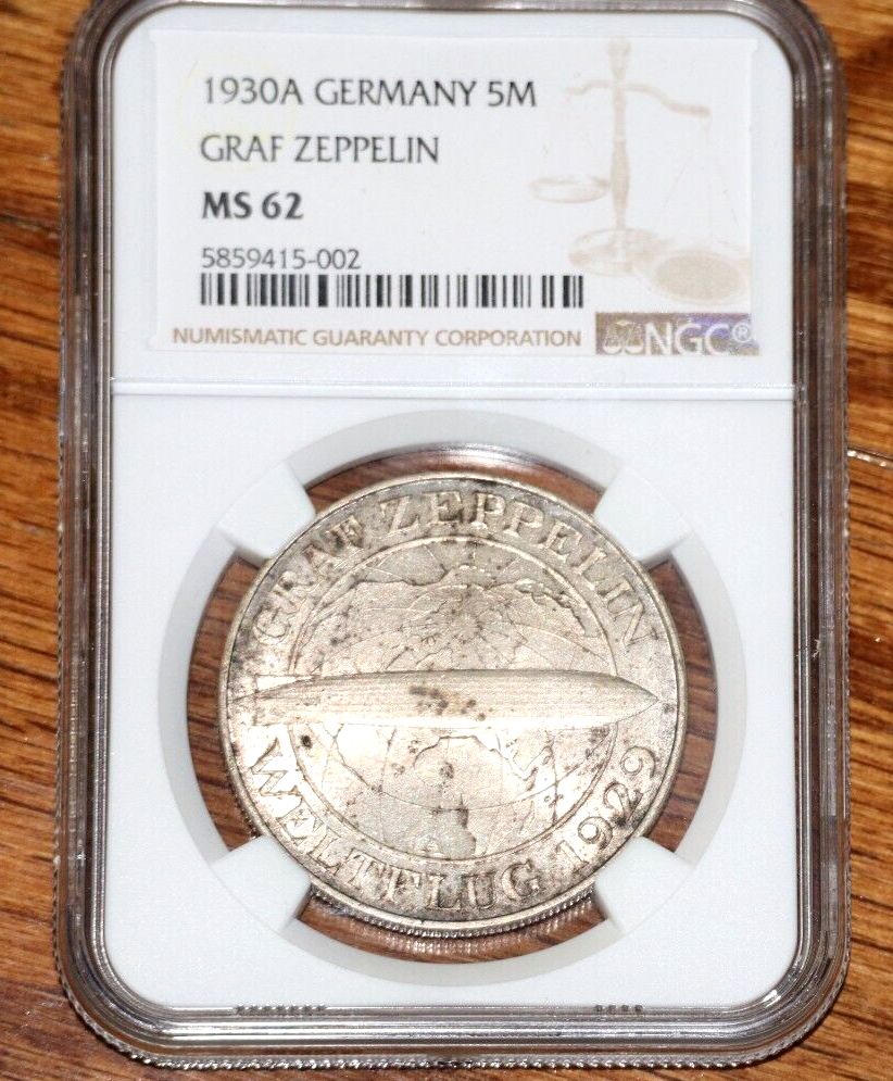 GERMANY 1930A German 5 Mark Weimar Rep. Graf Zeppelin Coin Certified NGC MS62