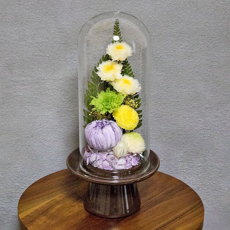ガラスドーム型 プリザーブドフラワーの仏花 仏壇用 お供え用の花 藤･向日葵 USTAUSTRALIA_COM_AU