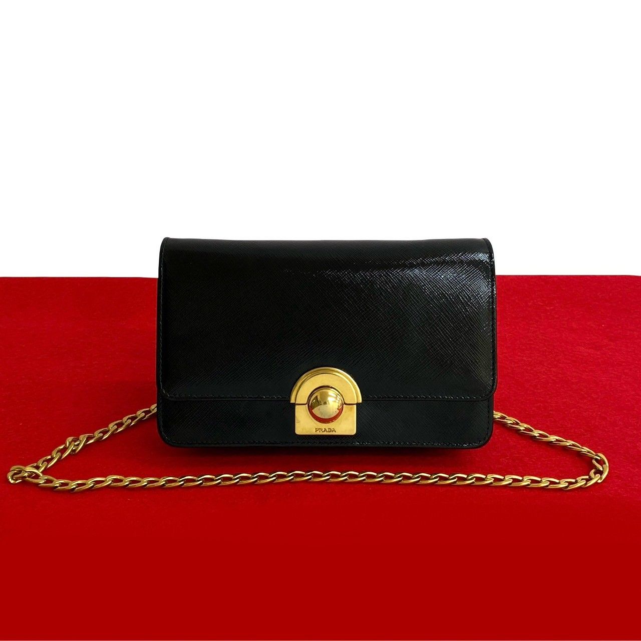 極 美品 ミラー付 PRADA プラダ ロゴ ゴールド 金具 レザー 本革 