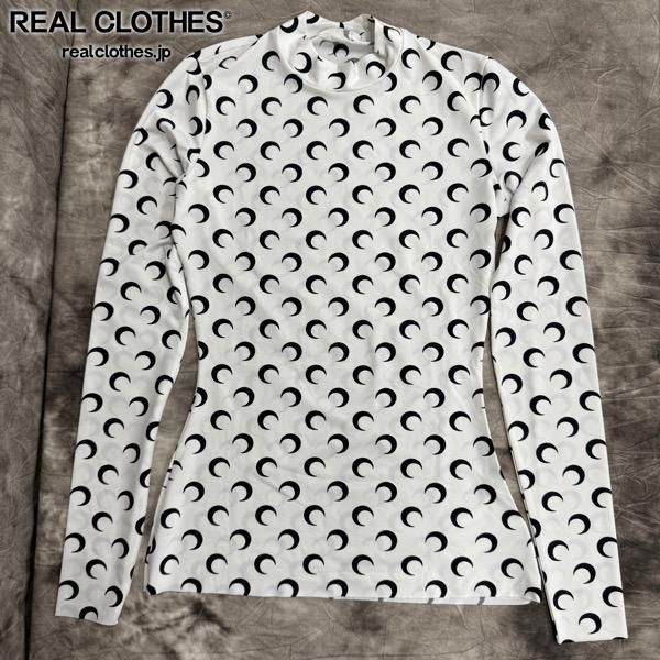 Marine serre|マリーンセル MOON PRINTED JERSEY SECOND SKIN HIGHNECK TOP OPTICAL WHITE|ハイネックトップ|長袖|XS