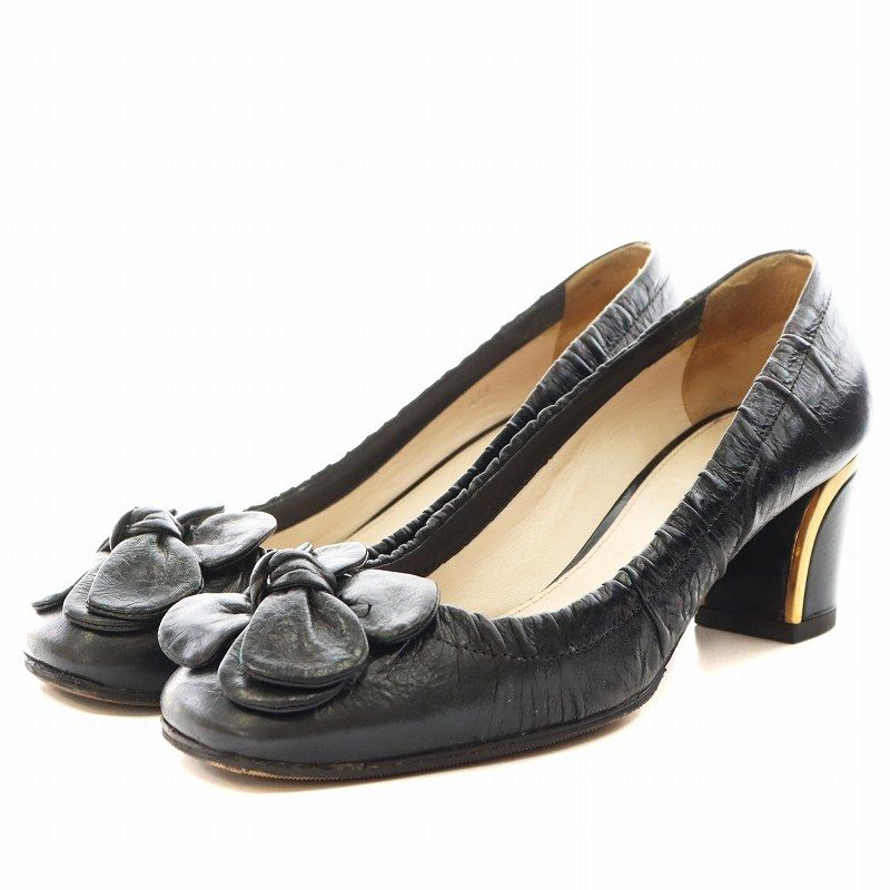 プラダ PRADA パンプス チャンキーヒール ラウンドトゥ フラワー 