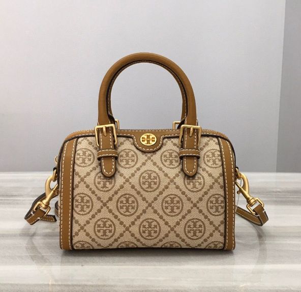 新品Tory Burch☆キャンバス×レザーボストン2wayバッグモノグラム ミニ ブラウン