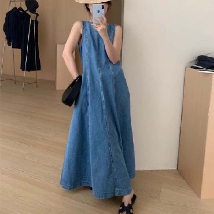 ワンピース ロング マキシ丈 レディース オールインワン 春 夏 ノースリーブ デニムワンピース シンプル ポケット付き 着痩せ オシャレ Aライン フレア クルーネ zzr050710059a3c