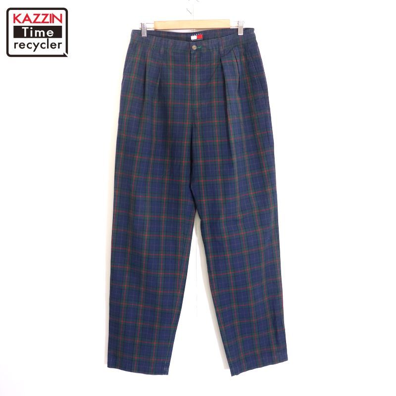 90s TOMMY HILFIGER チェック柄 2タック コットン スラックスパンツ メンズ Lサイズ相当