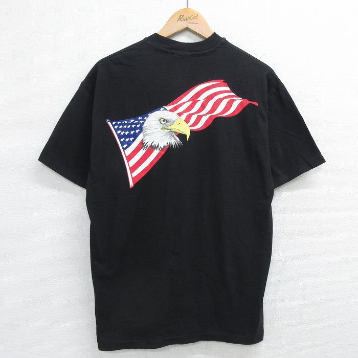 L/古着 ヘインズ 半袖 ビンテージ Tシャツ メンズ 90s ミリタリー ワシ 星条旗 AIR FORCE コットン クルーネック 黒 ブラック spe 23jul07