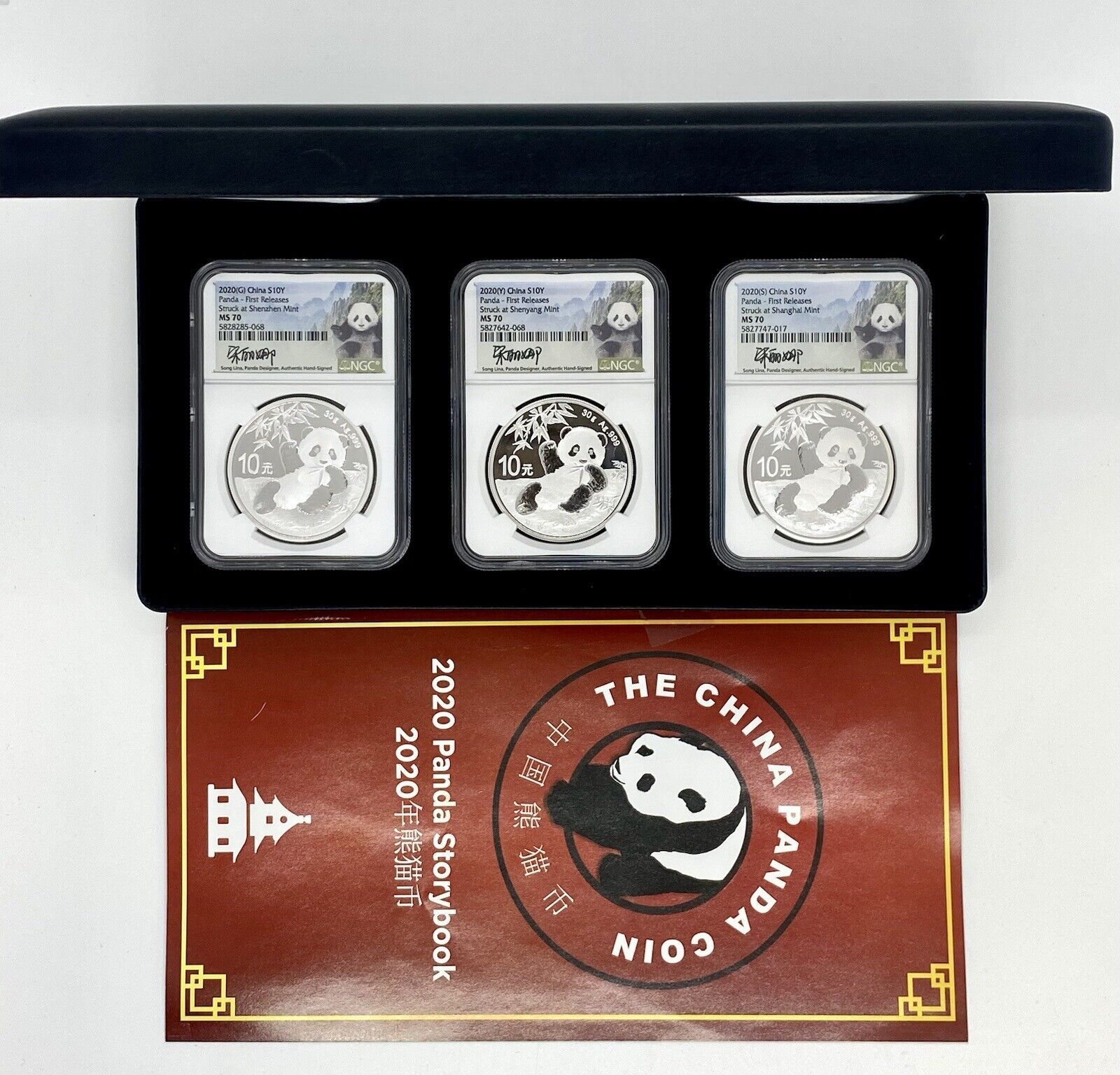 NGC 2020 G Y S China $10Y Panda Silver 3 Piece Set Signed MS70 Box Papers