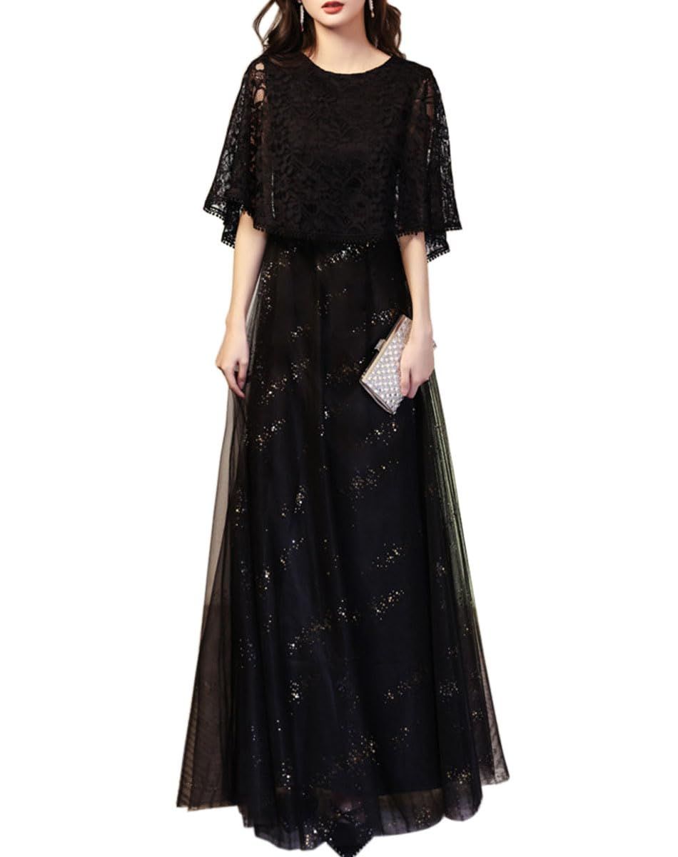 DYIOPMFGZ CHUMO レディース ドレス イブニングドレス フォーマルドレス ロングドレス レース チュール Aライン ロング シンプル 気質 エレガント 上品 フォーマル 演奏会 発表会 パーティー 宴会 ブラック S S