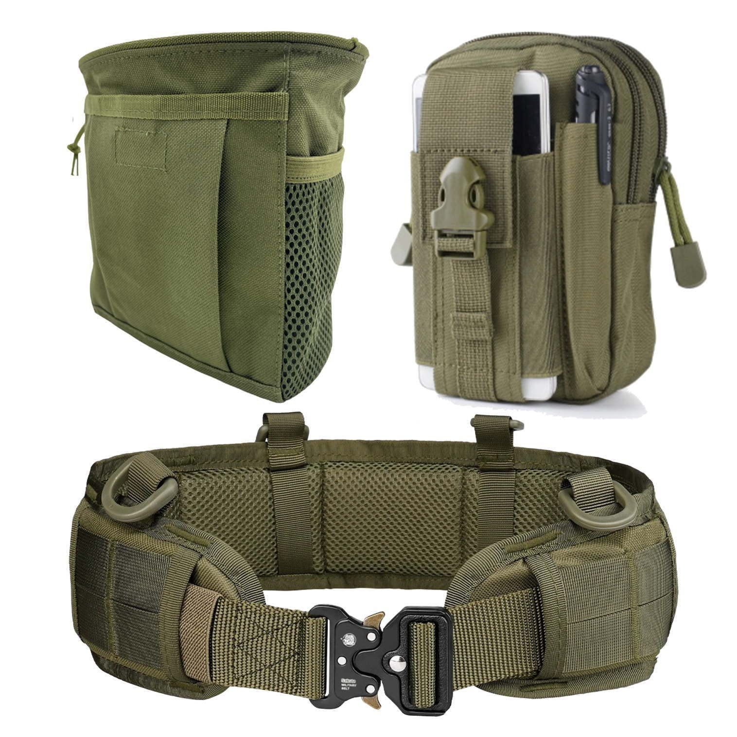 グリーン (Sabsta) タクティカルベルト ポーチ 4点セット サバゲー 腰回り必需品 MOLLE 装備 (グリーン)