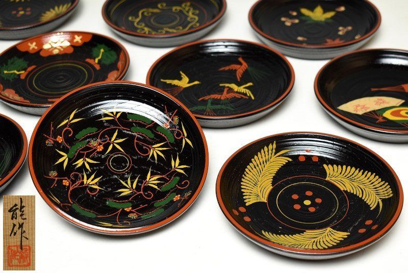 蔵A3721 輪島塗 金澤能作 十種絵替蒔絵 銘々皿 菓子皿 十客 共箱