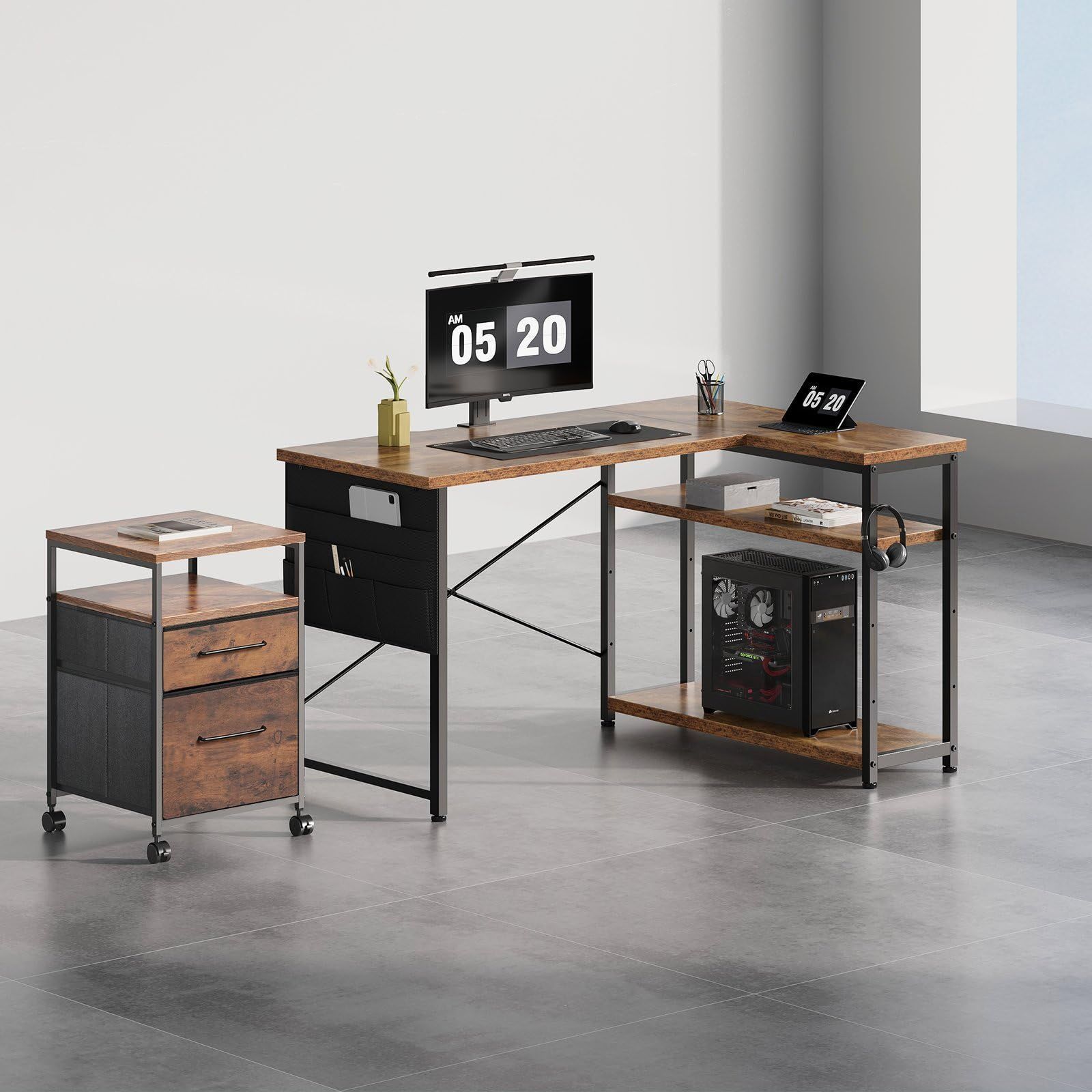 Maihail デスク 机 pcデスク パソコンデスク l字デスク 右棚左棚 幅120cm desk コーナーデスク つくえ 棚板高さ調節 作業机 L字型 勉強机 在宅ワークデスク リモートワーク ゲームデスク ラック付き ピンテージ MARWIL-DEMENAGEMENTS_CH