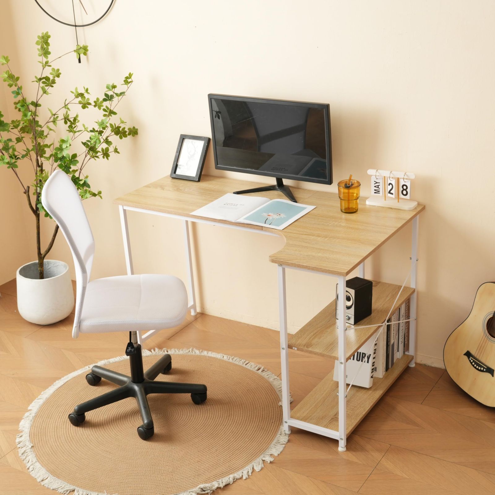 机 L字-右棚 120cm パソコンデスク 2段ラック付棚付き ラック付き デスク ワーク パソコンデスク 木製 学習 勉強机 PC ホワイト OSJ ゲーム オフィス 書斎