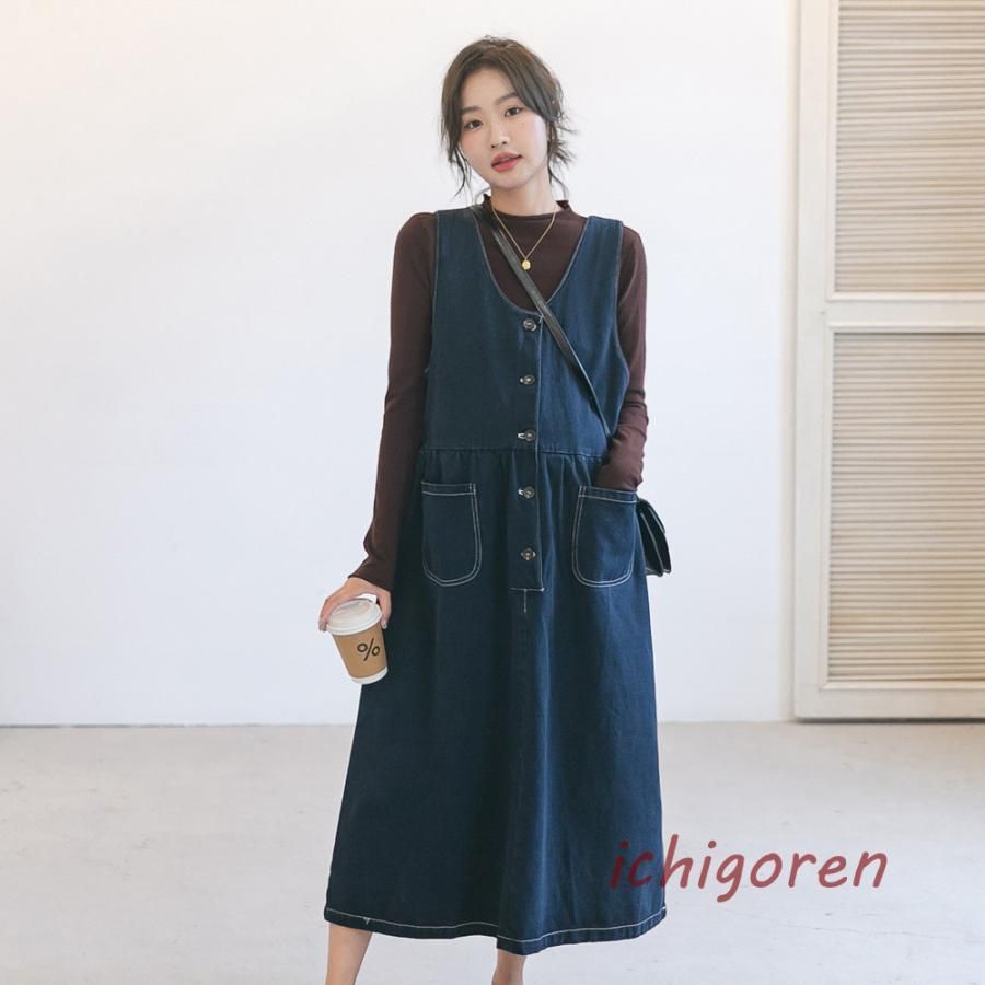 デニムワンピース レディース 春 夏 40代 ノースリープ タンクワンピース トップス シンプル 前開き カジュアル オールインワン 大きいサイ
