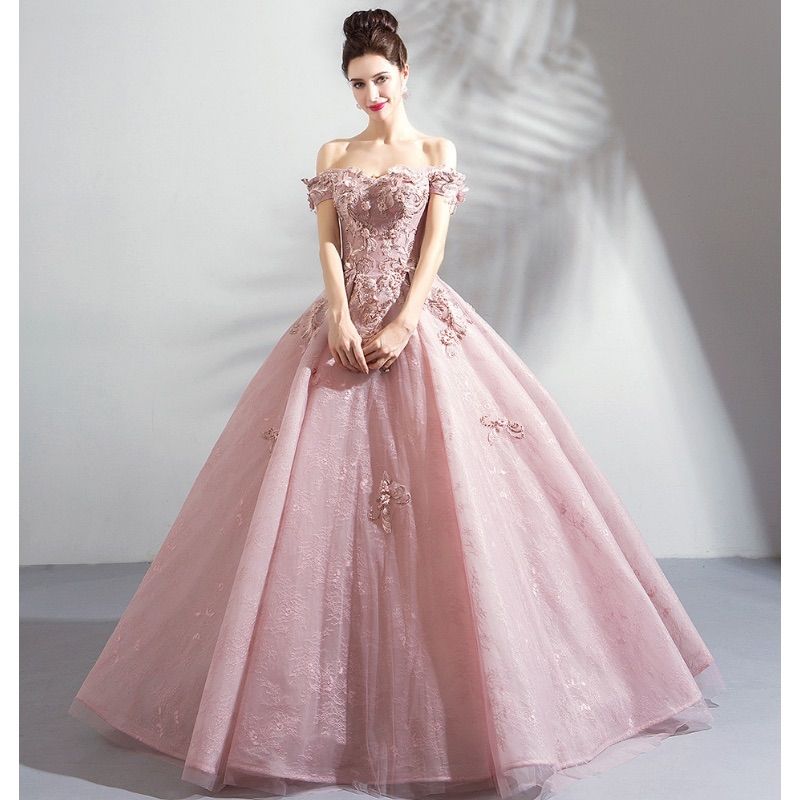 即日発送 オフショルダー ピンクドレス L ロングドレス 花刺繍 ビーズレース 結婚式 披露宴 前撮り 二次会 プリンセスライン ウェディングドレス カラードレス 感 pipsセレクト