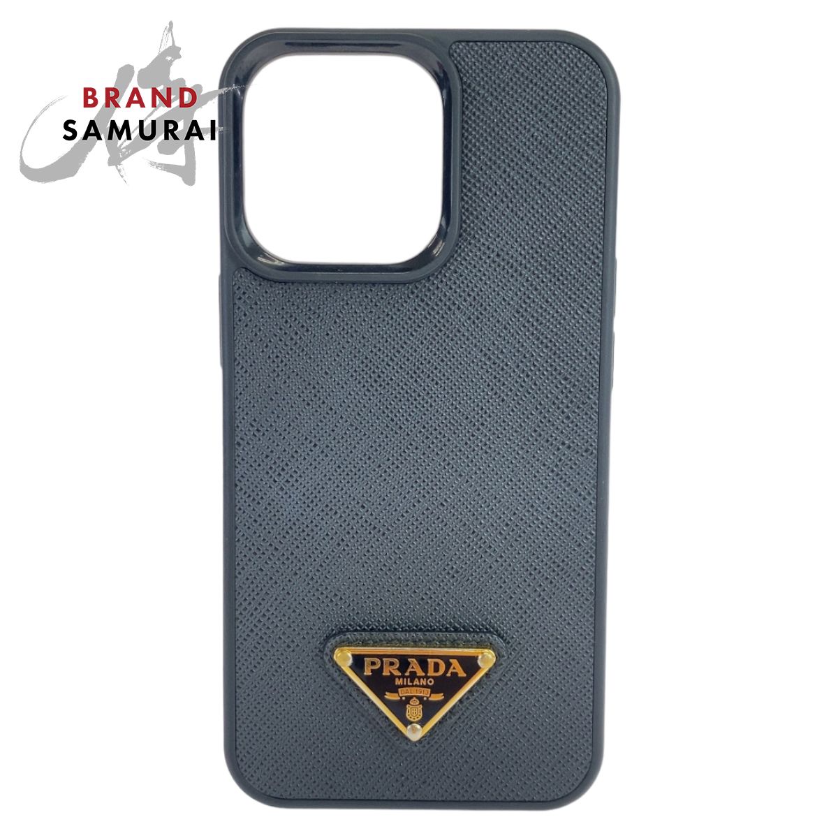 美品 PRADA プラダ サフィアーノ 三角ロゴプレート ブラック ゴールド レザー スマホケース iphoneケース iphone14 pro 男女兼用 406356【中古】