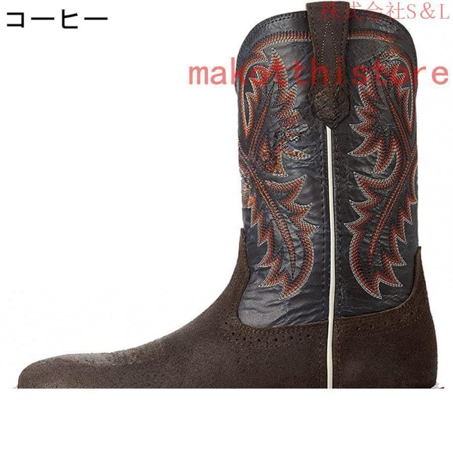 マナmana 本革ウエスタンロングブーツ 花柄刺繍 ブラウン 38 BOOTS