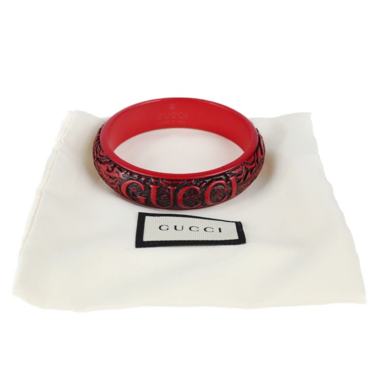 GUCCI グッチ バングル ウッド 赤系 ロゴ＆ドラゴン