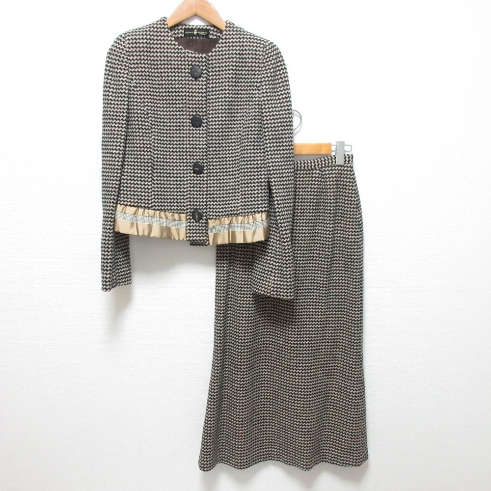 HIROKO KOSHINO ヒロココシノ 千鳥柄 ノー ジャケット スカート セットアップ サイズ6 ブラック ベージュ レディース 古着