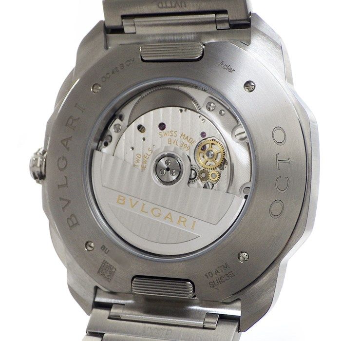 ブルガリ BVLGARI 腕時計 オクト ローマ クロノ 103471/RE00082 オクタゴナル ブラック文字盤 デイト クロノグラフ スモールセコンド 裏スケ 夜光針・インデックス SS 自動巻き 【箱・保付き】 【中古】 ブルガリ BVLGARI 腕時計 オクト ローマ クロノ 103471/RE00082