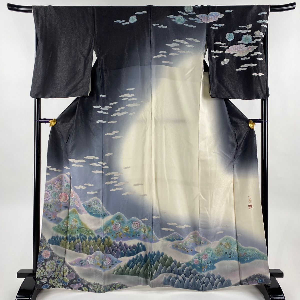 訪問着 身丈164cm 裄丈68cm L 袷 落款 辻が花 銀通し ぼかし 抹茶色