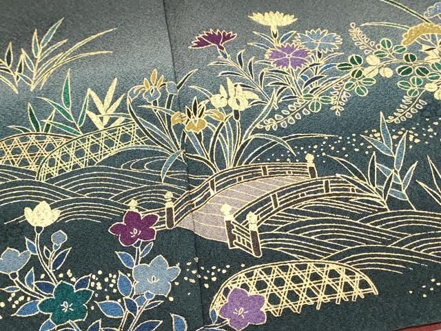 平和屋着物□訪問着 渡橋風景秋草文 暈し染め 金彩 正絹 逸品