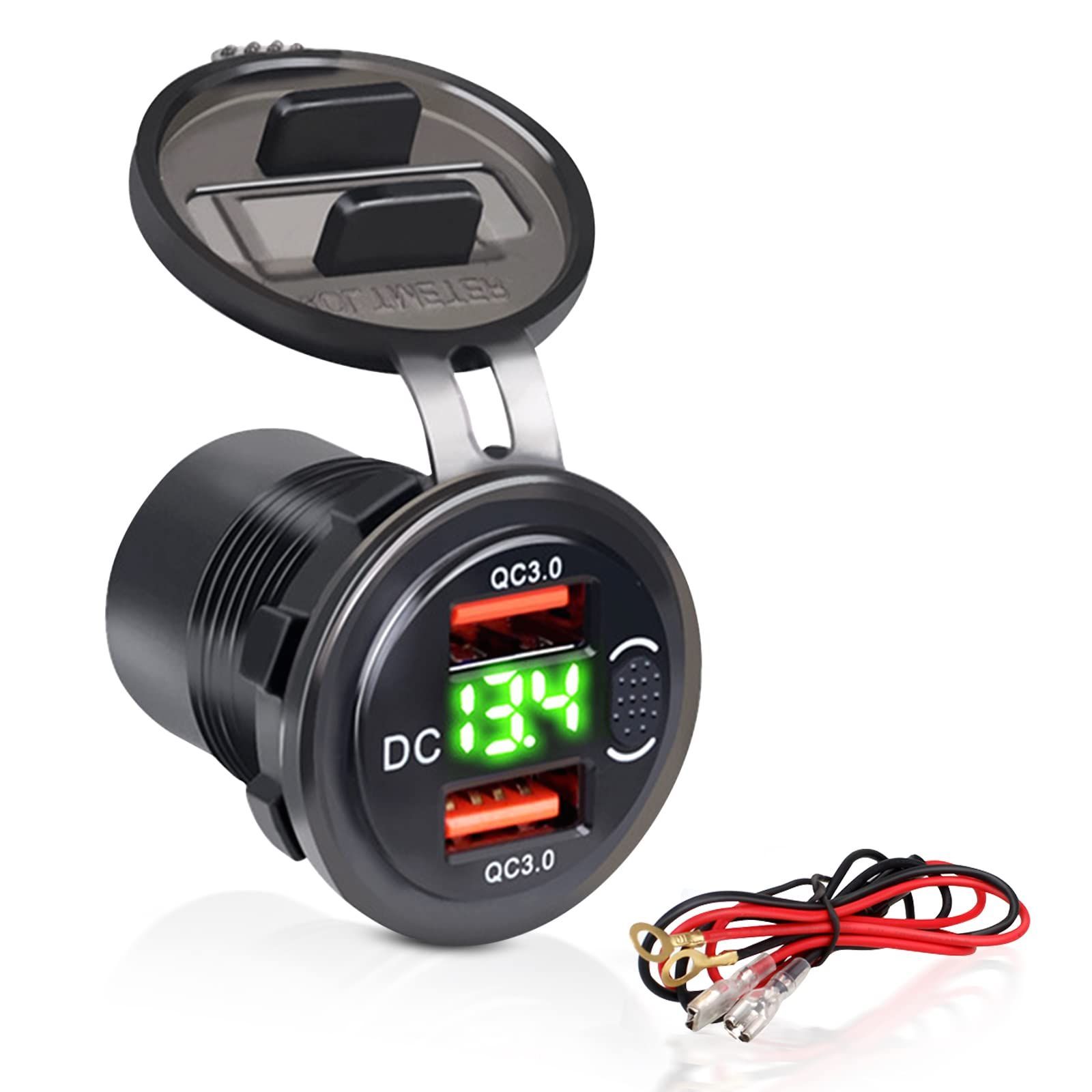 【特価商品】ト QC3.0急速充電 USBカーチャジャー 電源ソケット 埋め込み用 急速充電 USB 2ポート付き 車載充電器 Palumma 12V / 24VデュアルUSB車載電源コンセント、防水、LED電圧計表示、 ボタン付