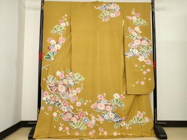 平和屋着物●創業460年・千總　振袖　駒刺繍　松取り花文　金彩　ロング丈　正絹　逸品　AAAW3998ck 平和屋着物○創業460年・千總 振袖 駒刺繍 松取り花文 金彩 ロング丈