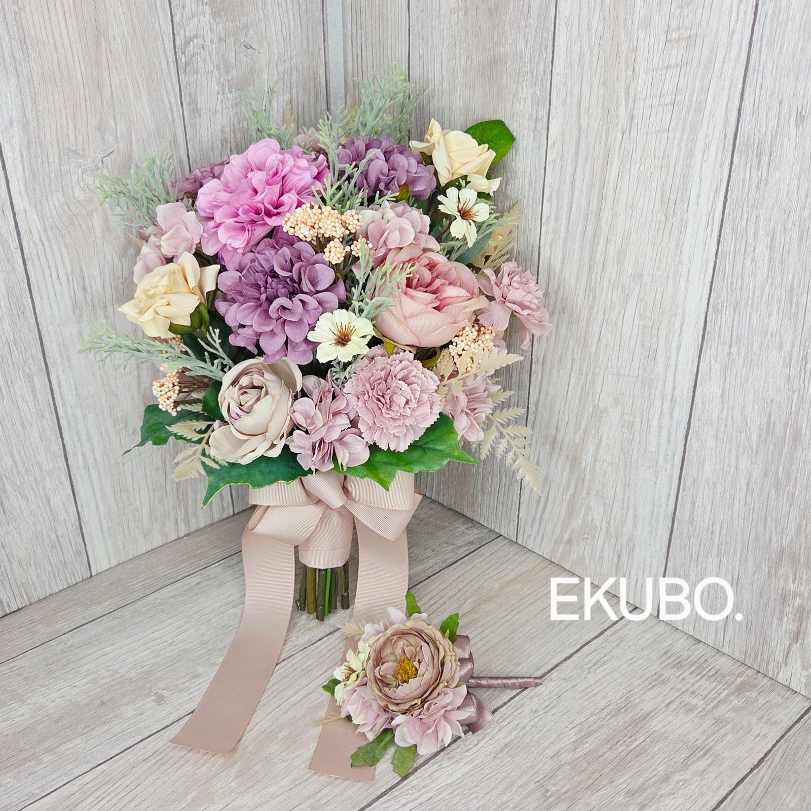 ウェディングブーケ アーティフィシャルフラワー ブートニア付き くすみ ウェディングブーケ-ブートニア g731