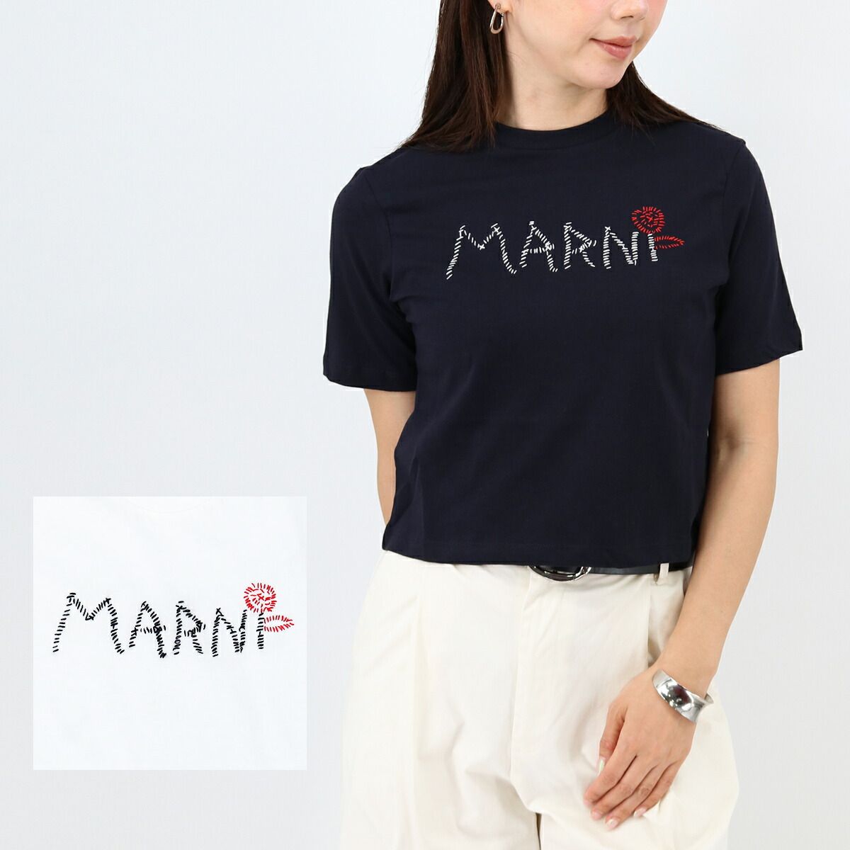 お得，格安 ■MARNI KIDS マルニ キッズ 大人もOK ロゴTシャツ M01444 M00V4 半袖ロゴ刺繍 ロゴT SS TEE クルーネック トップス 白 ネイビー 子供服 レディース ブランド Tシャツ