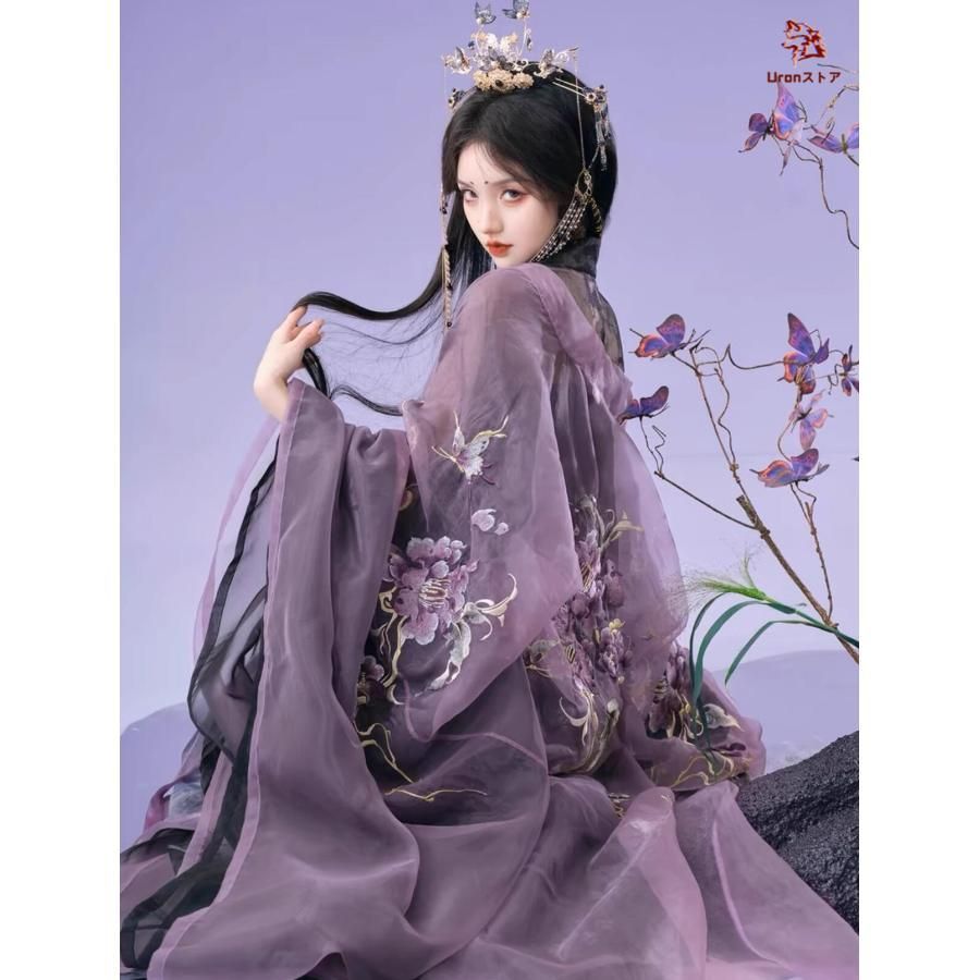 漢服4点セット 暗黒系 中華コスプレ衣装 紫と黒の振袖羽織 ストール付き シフォン ひらひら ツバキ 花刺繍 中国古代服装 中華衣装 華流 妖