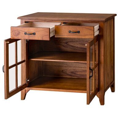 ♪天然木 アンティーク調 キャビネット 上段引出2個 両面ガラス扉 幅80cm リビング収納 食器棚 収納家具