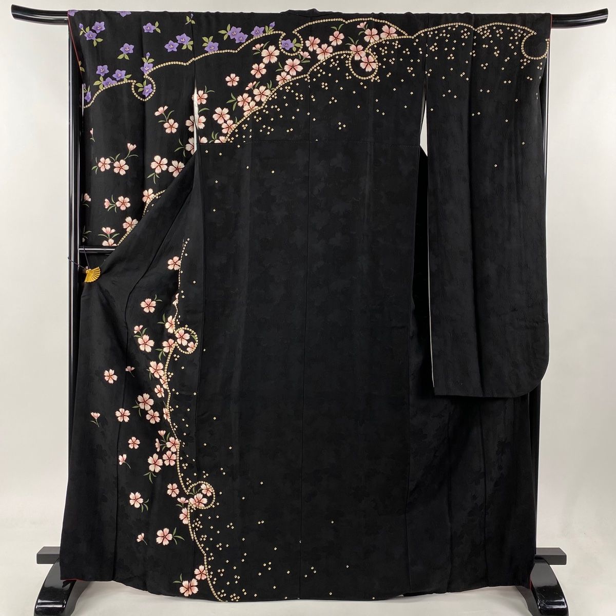 振袖 身丈168cm 裄丈66.5cm M 袷 草花 疋田 金彩 黒 正絹 秀品