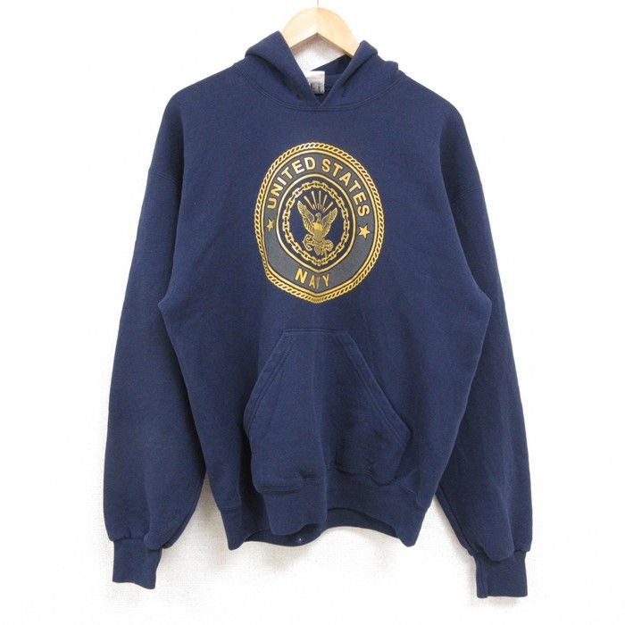 M/古着 長袖 スウェット パーカー メンズ 90s ミリタリー ネイビー NAVY リフレクター 紺 25feb15 中古 スエット トレーナー トップス