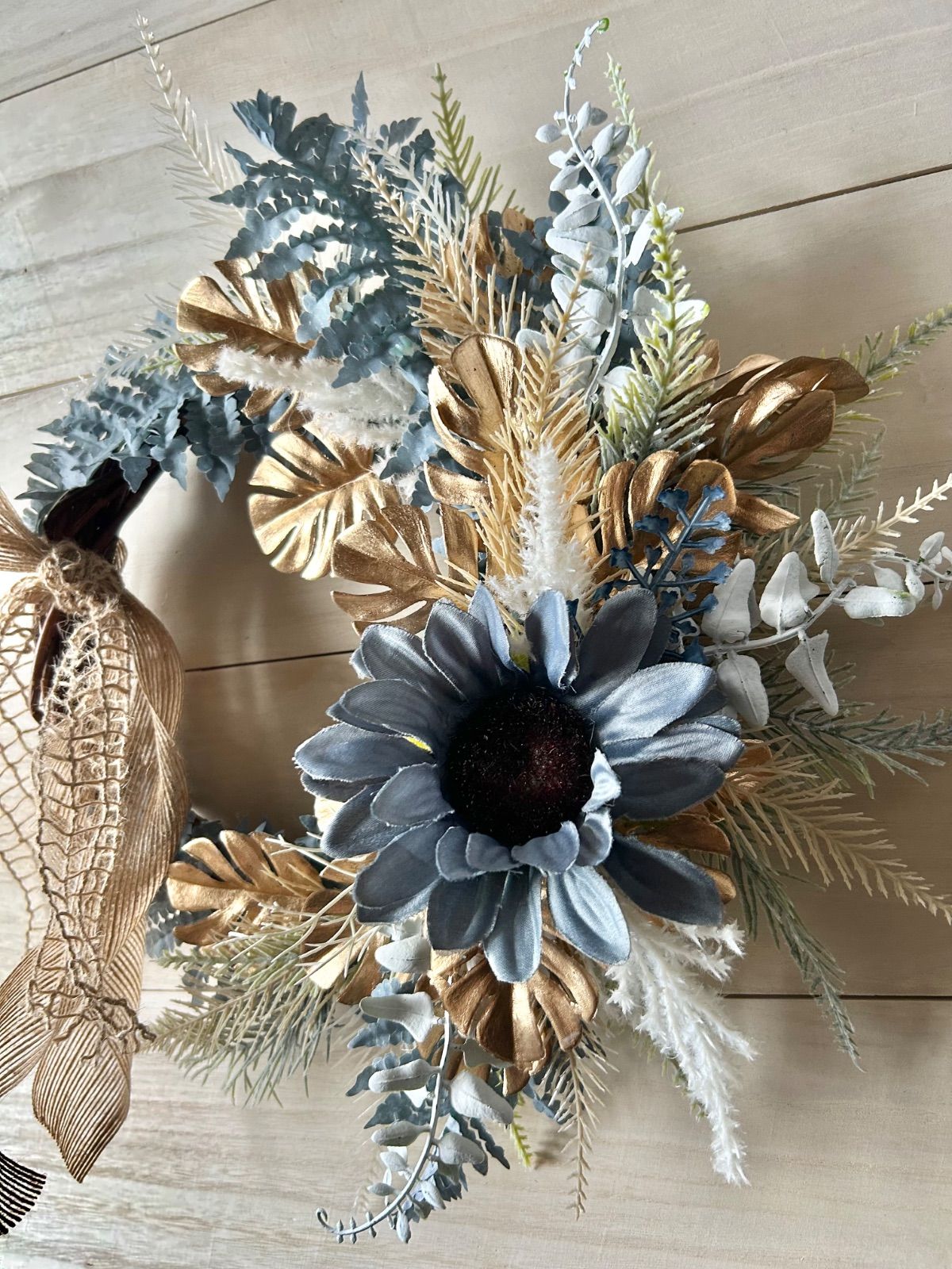 7-73大きめリース 38センチ ひまわり 向日葵 ブルー系 北欧 ボタニカル